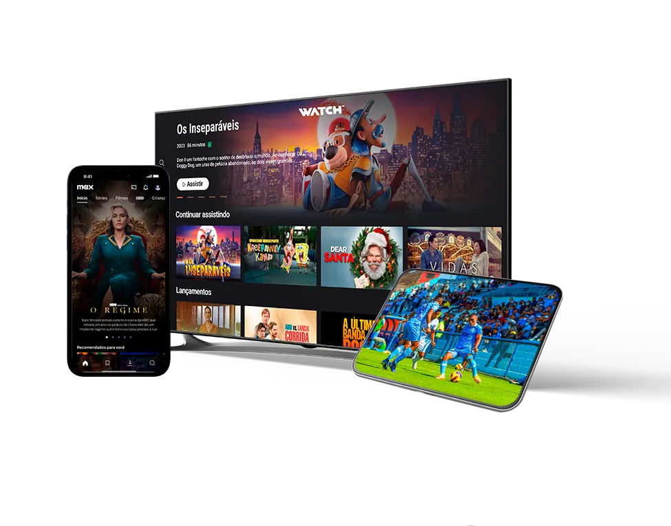 Téléviseur, tablette et smartphone affichant une application IPTV