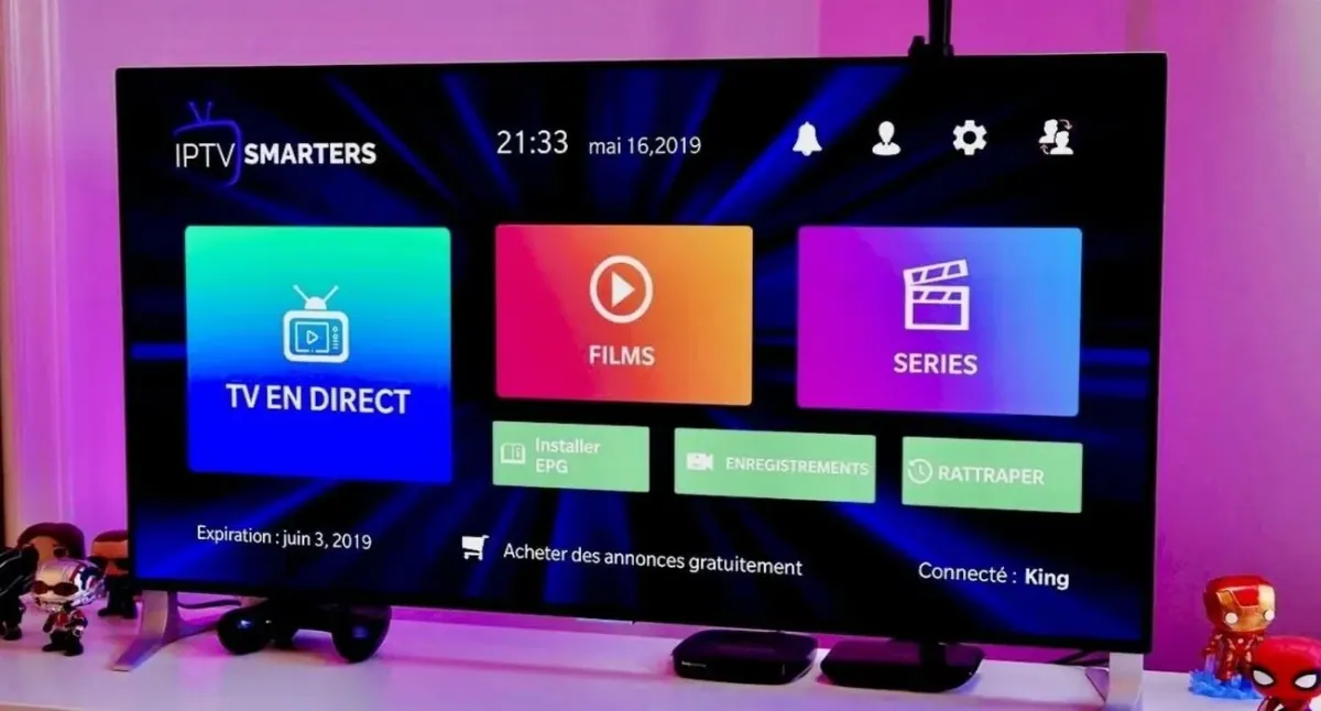 Écran d’accueil d’une application IPTV sur Smart TV avec un abonnement IPTV France